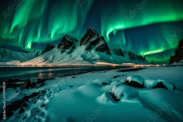 Fototapeta The magical aurora borealis in brilliant green hues, casting an otherworldly glow over a snow-clad mountain ridge, with Stockness Beach and the iconic Vestrahorn Mountain adding to the mystique