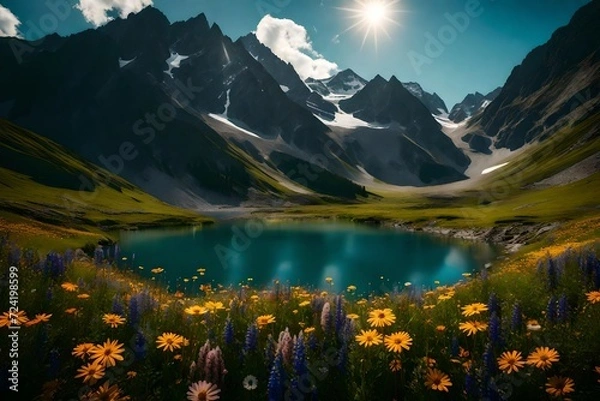 Fototapeta A secluded valley hidden amongst high mountains, its floor covered in a carpet of wildflowers, a small, crystal-clear lake at its center