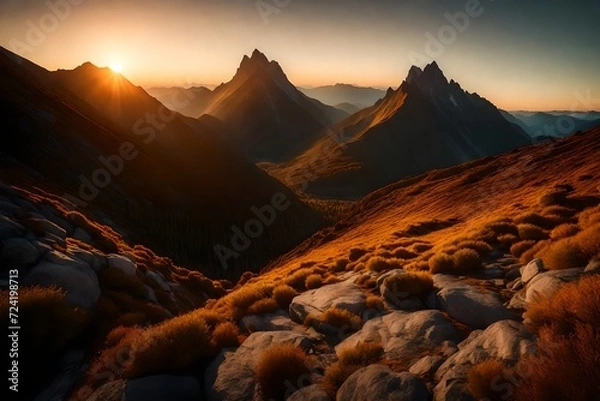 Fototapeta A serene depiction of a high mountain at dawn, with the first rays of sunlight casting a warm glow over the pristine natural surroundings.