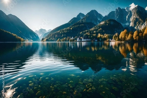 Fototapeta A stunning panorama showcasing Grundlsee Lake, flanked by towering mountains, the landscape bathed in the warm glow of the sun.