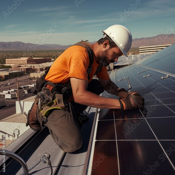 Obraz worker installs a solar panel