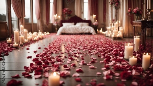 Obraz Capture the essence of romance with this enchanting scene: rose petals strewn around a bed, flickering candles, and an atmosphere brimming with love.