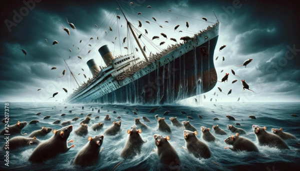 Fototapeta Rats fleeing a sinking ship. It features a dramatic scene with a large ship tilting and sinking into the ocean, while numerous rats scurry away, leaping into the water