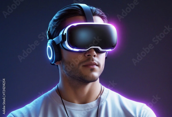 Fototapeta Adorable man in vr glasses on neon background. Virtual reality. Cyberpunk concept design. Generative AI