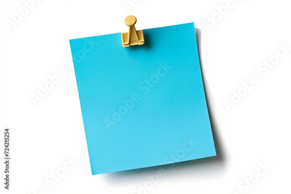 Fototapeta one Blue colored sticky note pinned on a white background, Empty blank note paper stick on white board, pinned Reminder memo isolated on flat wall, Blue color blank sheet paper on white background