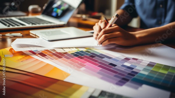 Fototapeta Graphic designer with colleague working in office, closeup, Design professionals working with photographs and color swatches