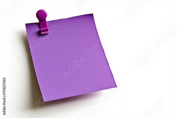 Fototapeta one Purple colored sticky note pinned on a white background, Empty blank note paper stick on white board, pinned Reminder memo isolated on flat wall, Purple color blank sheet paper on white background