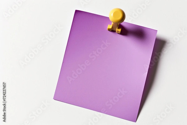 Fototapeta one Purple colored sticky note pinned on a white background, Empty blank note paper stick on white board, pinned Reminder memo isolated on flat wall, Purple color blank sheet paper on white background