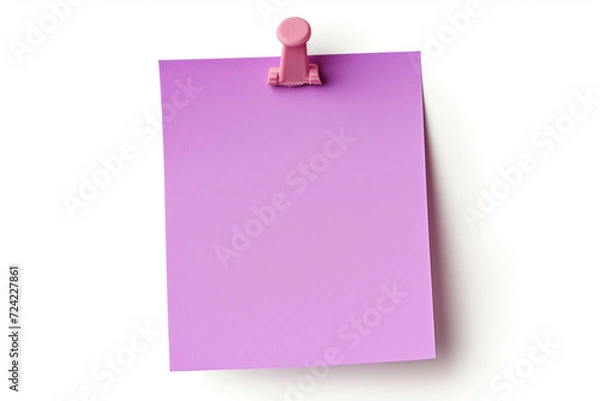 Obraz one Purple colored sticky note pinned on a white background, Empty blank note paper stick on white board, pinned Reminder memo isolated on flat wall, Purple color blank sheet paper on white background