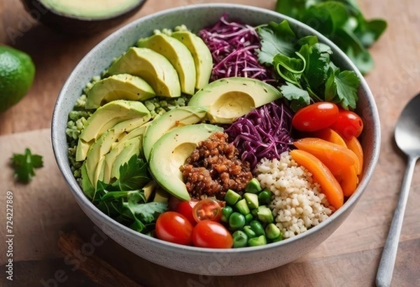 Obraz Healthy salad bowl with quinoa, tomatoes, chicken, avocado, lime and mixed greens, lettuce, parsley on wooden background top view. Food and health.