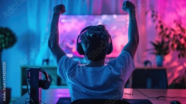Fototapeta Gamer kid raging in front of his screen, led lights, nice setup 