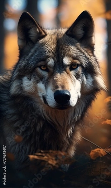 Fototapeta A wild wolf in the wild, against the background of the forest