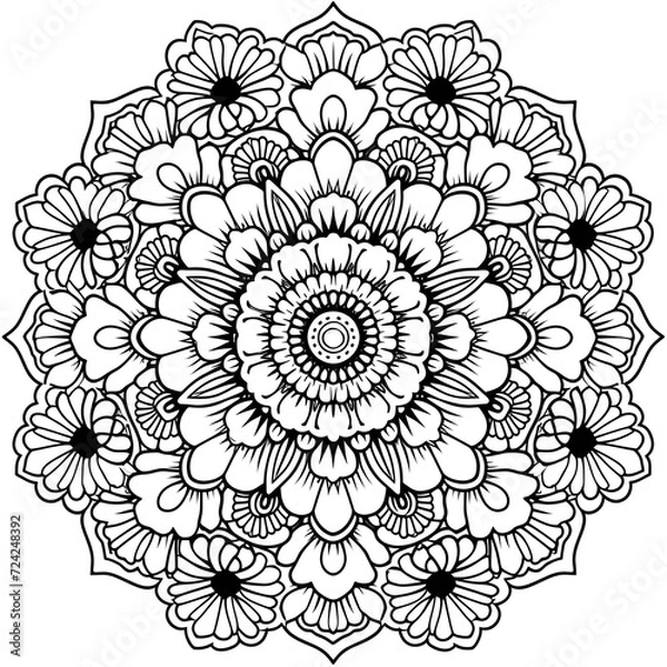 Obraz Exquisite Floral Mandala Coloring Pages: Intricate and Relaxing Flower Patterns for Mindful Art Therapy and Stress Relief - abstract mandala flower coloring book page design. black white