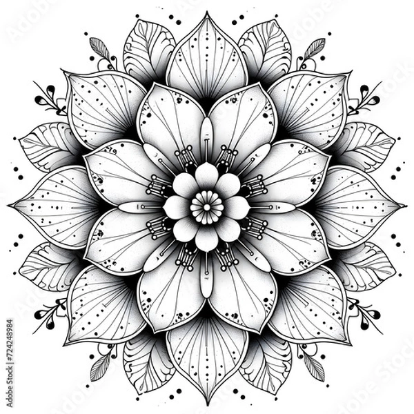 Obraz Exquisite Floral Mandala Coloring Pages: Intricate and Relaxing Flower Patterns for Mindful Art Therapy and Stress Relief - abstract mandala flower coloring book page design. black white