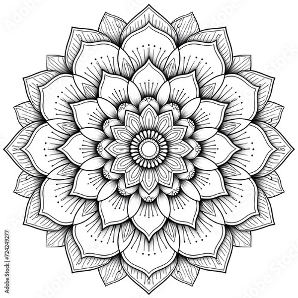 Obraz Exquisite Floral Mandala Coloring Pages: Intricate and Relaxing Flower Patterns for Mindful Art Therapy and Stress Relief - abstract mandala flower coloring book page design. black white