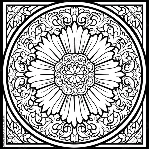 Obraz Exquisite Floral Mandala Coloring Pages: Intricate and Relaxing Flower Patterns for Mindful Art Therapy and Stress Relief - abstract mandala flower coloring book page design. black white