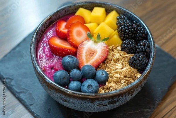 Fototapeta A colorful array of nutritious superfoods, including fresh strawberries and a variety of plant-based ingredients, fills a wooden bowl on the table, creating a vibrant and wholesome vegetarian meal