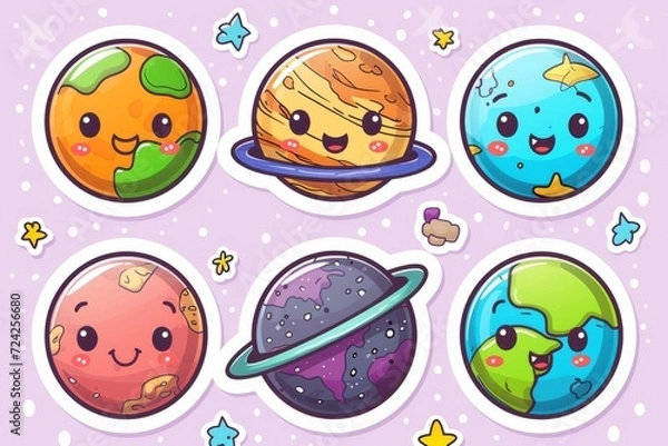 Fototapeta Whimsical child-like illustrations of colorful cartoon planets, captured within perfect circles of clipart-style art