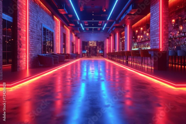 Fototapeta A night club with electric blue gels, pulsating with the music and energy. Concept of immersive and dynamic lighting in nightlife. Generative Ai.