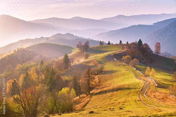 Fototapeta Panoramic view of misty sunny autumn evening in mountains. Beautiful sunset hills landscape. Slopes, meadows, fields, dirt road. Amazing fall rural scene. Tonal perspective Carpathian range.