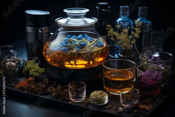 Obraz Herbata a drink obtained by brewing, boiling or infusing prepared tea leaves beloved beverage black green warm hot beautiful cozy aromatic autumn relax ceremony calm ritual copy space poster banner.