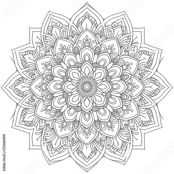 Obraz Exquisite Floral Mandala Coloring Pages: Intricate and Relaxing Flower Patterns for Mindful Art Therapy and Stress Relief - abstract mandala flower coloring book page design. black white