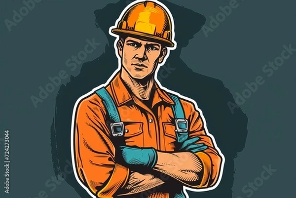 Fototapeta A skilled artist captures the hardworking essence of a construction worker through a dynamic sketch, highlighting the intricate details of his facial features and work attire in a playful cartoon sty