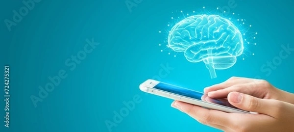 Fototapeta Holographic human brain projection over mobile phone with copy space for text placement