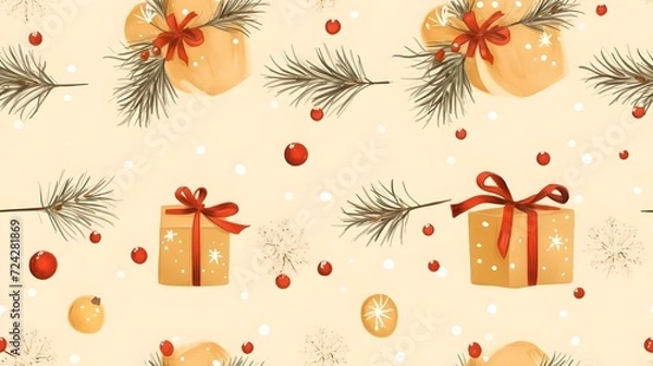 Obraz A seamless pattern of christmas gift,ballone ,santa, reindeer, flowers, pastel blackground