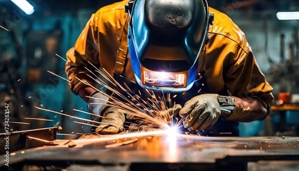 Fototapeta Mechanic or welder welds metal materials together by hand using a welding machine according to a design plan -ai generated