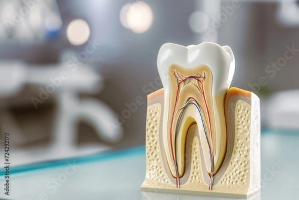 Fototapeta Tooth Anatomy: A Realistic and Detailed Photo Exhibits the Intricate Endodontic Treatment Process on a Maquette Model - A Valuable Sample for Dental Education and Understanding.




