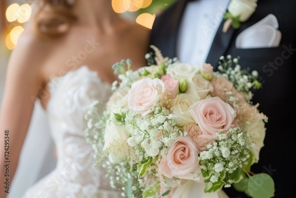 Obraz  Close-up view bridal bouquet consisting of lush white and pale pink flowers, of a bride and groom on their wedding day.