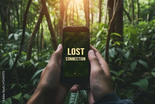 Fototapeta Interactive holographic  lost connection  text icon shining over mobile phone in hands