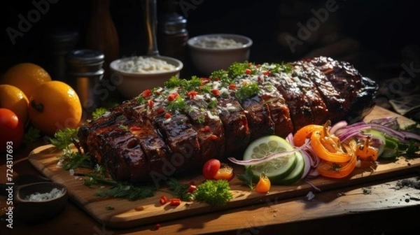 Obraz Delicious kebab full of meat and vegetables, black and blur background