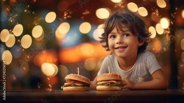 Fototapeta Joyful boy enjoying fast food hamburgers, surrounded by magical bokeh lights and a cozy atmosphere.