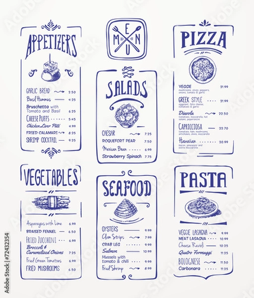 Fototapeta Szablon menu. Niebieski rysunek piórem