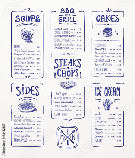 Fototapeta Szablon menu. Rysunek piórem niebieskim. Zupy, boki ...
