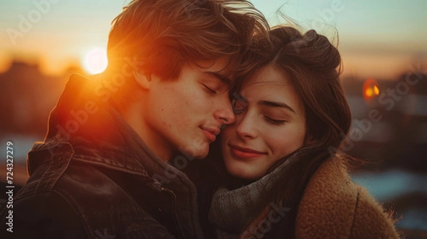 Obraz Happy couple kissing on a date outdoors on a snowy Valentine's Day.	