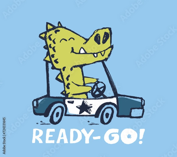 Obraz Crocodile police car funny cool summer t-shirt print design. Drive speed auto. Slogan. Policeman safari animal