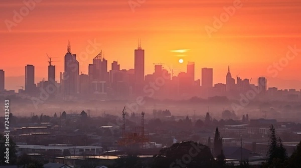Fototapeta Image of the sunset against the background of the city.
