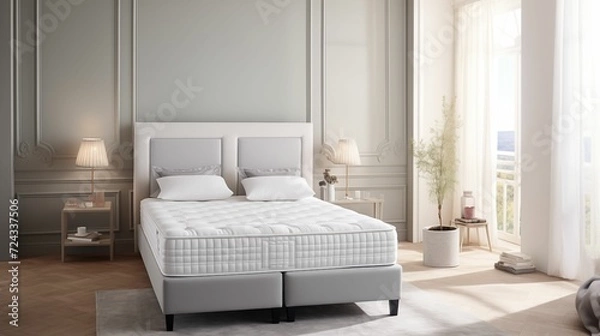 Fototapeta White mattress with by soft pillows.