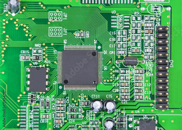 Fototapeta Printed computer motherboard with microcircuit, close up