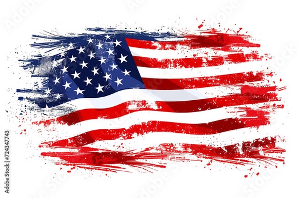 Fototapeta American flag with brush paint textured isolated on  transparent background, Symbols of USA. png