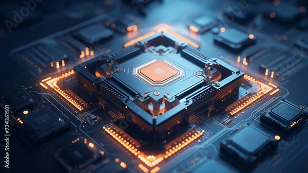 Fototapeta super computer with an internal microprocessor on a blue background
