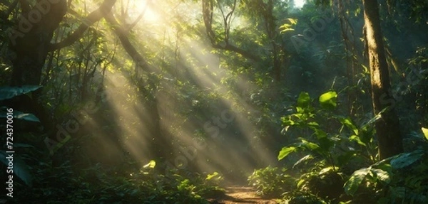 Obraz sunrays shining between trees in the rainforest