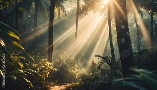Obraz sunrays shining between trees in the rainforest