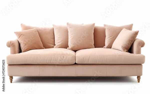 Fototapeta Beige sofa with pillows on wooden legs on white background. Upholstered furniture for the living room. Light brown couch isolated