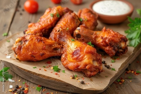 Fototapeta Crispy fried chicken wings on wooden table.