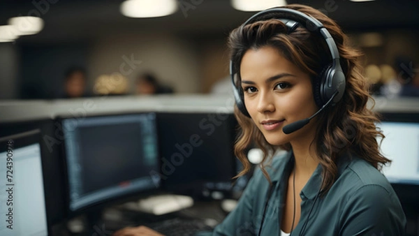 Fototapeta Dedicated female call center operator wearing headset working on computer in call center office.