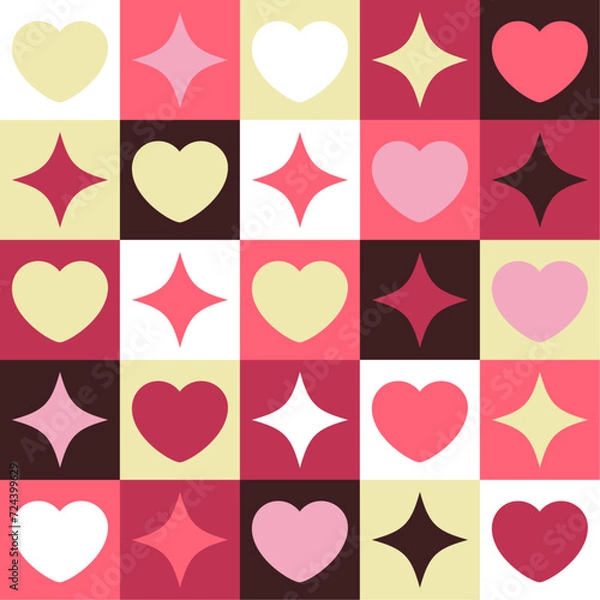 Fototapeta Valentine's Day. love, heart and sparkling star, wrapping paper geometric pattern, pink and yellow pattern, elements pattern. chess pattern design. Geometric shape for wrapping, background